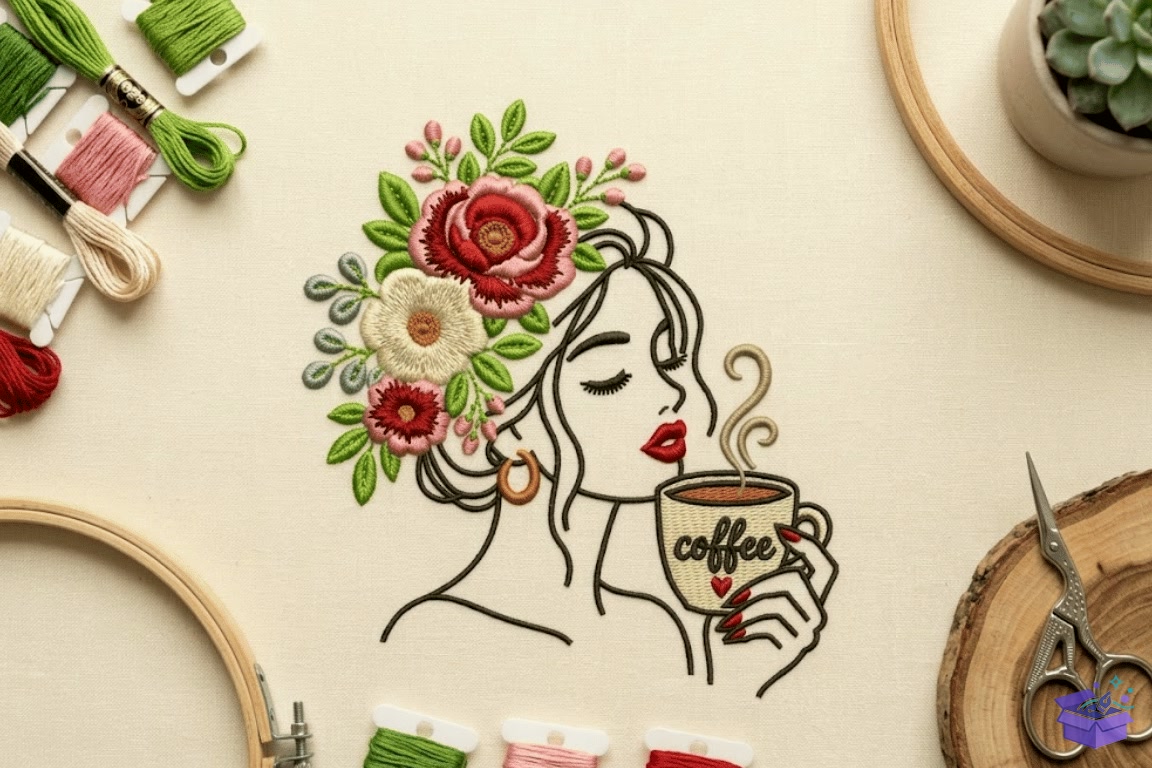 Floral Woman Coffee Nakış Design - Makine Nakış Deseni (SVG, DXF, EPS, PNG) - Nakış Desenleri İndir (DXF, SVG, EPS)