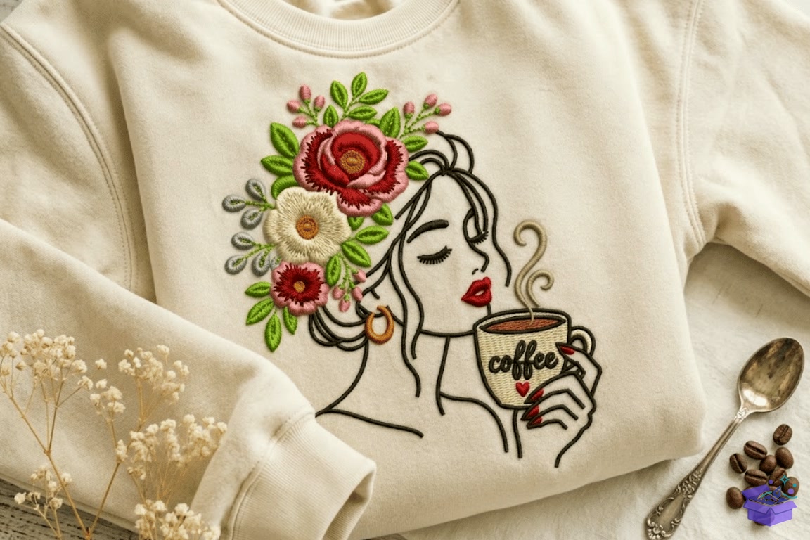 Floral Woman Coffee Nakış Design - Makine Nakış Deseni (SVG, DXF, EPS, PNG) önizleme 2