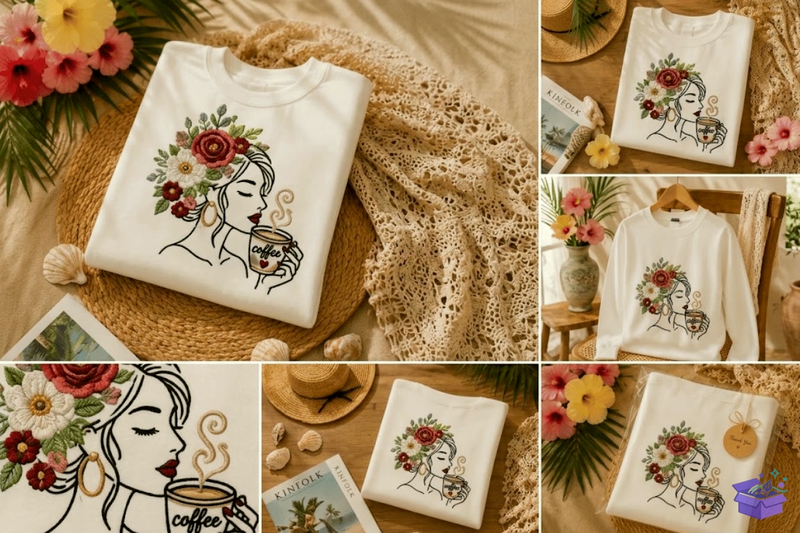 Floral Woman Coffee Nakış Design - Makine Nakış Deseni (SVG, DXF, EPS, PNG) önizleme 3