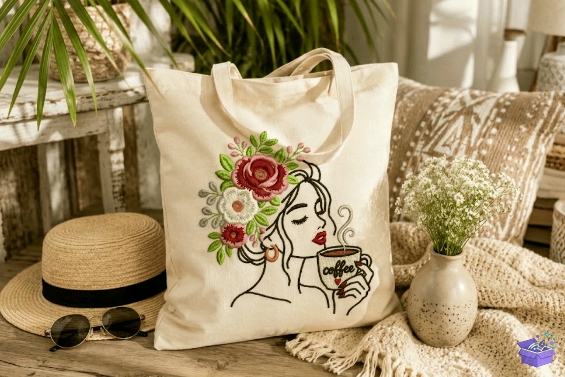 Floral Woman Coffee Nakış Design - Makine Nakış Deseni (SVG, DXF, EPS, PNG) önizleme 4