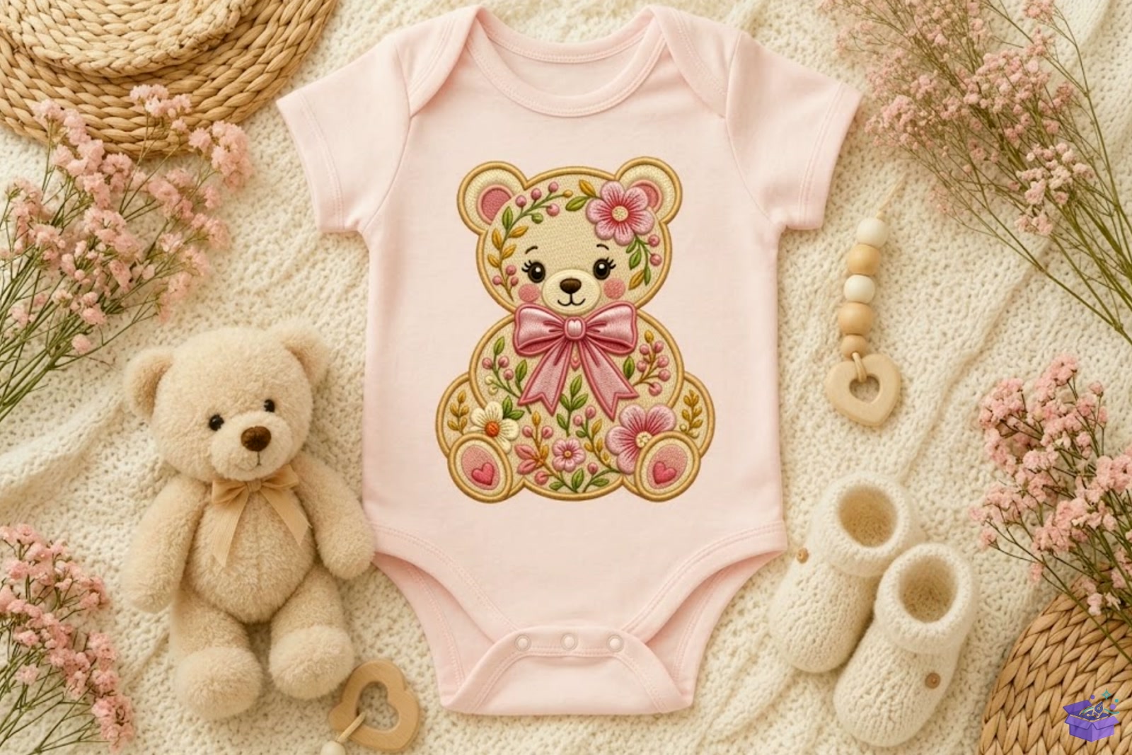 Floral Teddy Bear Nakış Design - Makine Nakış Deseni (SVG, DXF, EPS, PNG) önizleme 2