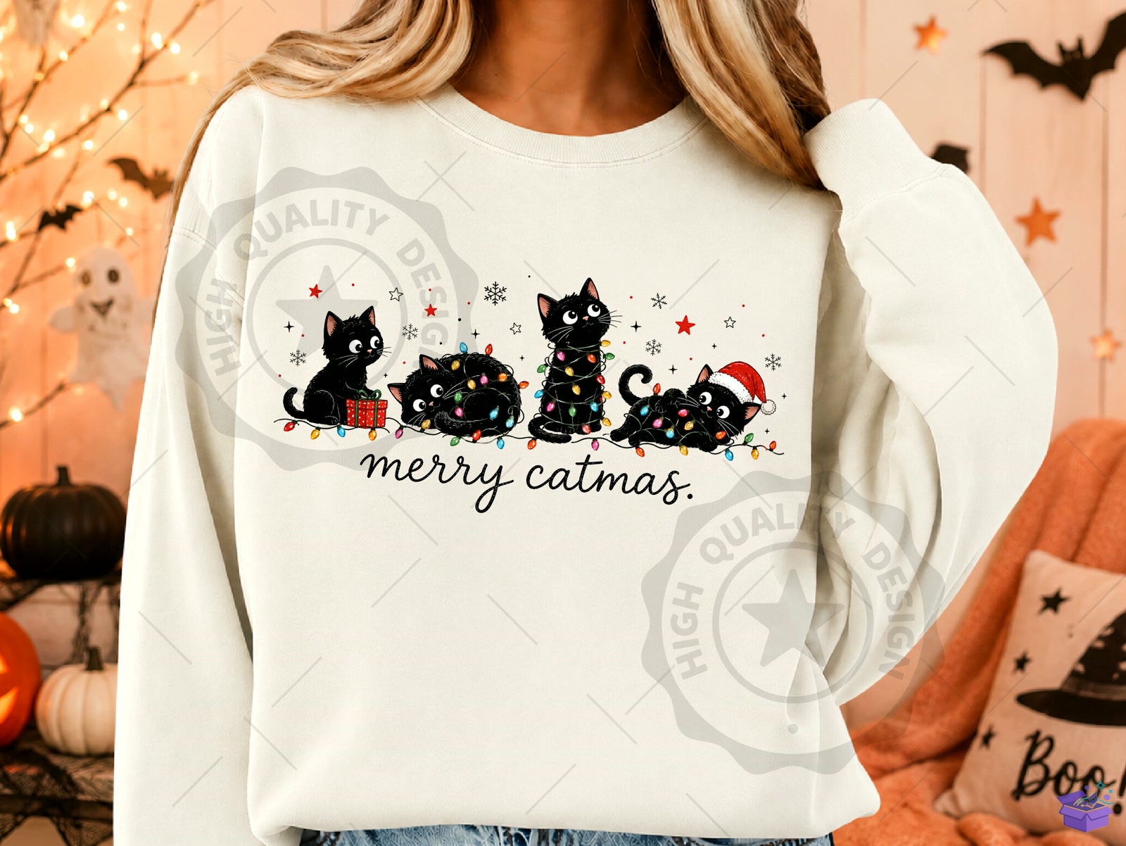Merry Catmas PNG Funny Yılbaşı Kedi - DTF & Süblimasyon Baskı Tasarımı (SVG, DXF, EPS, PNG) - detaylı önizleme 2