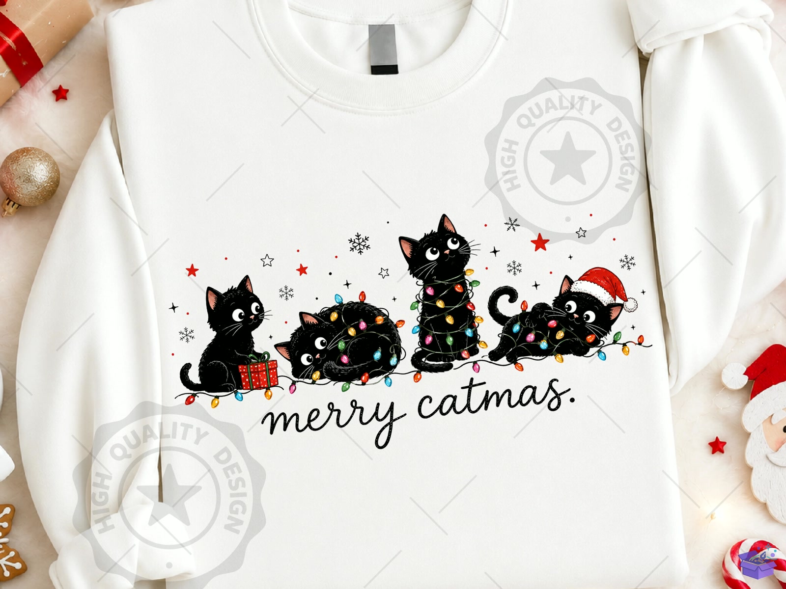 Merry Catmas PNG Funny Yılbaşı Kedi - DTF & Süblimasyon Baskı Tasarımı (SVG, DXF, EPS, PNG) - detaylı önizleme 3