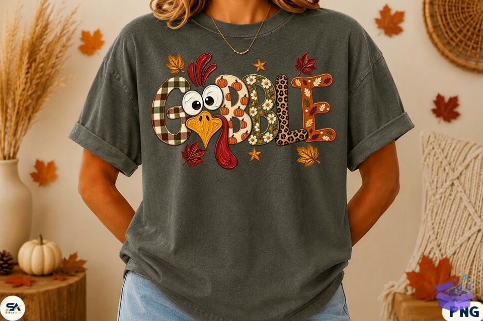 Preppy Gobble Turkey Thanksgiving PNG - DTF & Süblimasyon Baskı Tasarımı (SVG, DXF, EPS, PNG) - detaylı önizleme 2