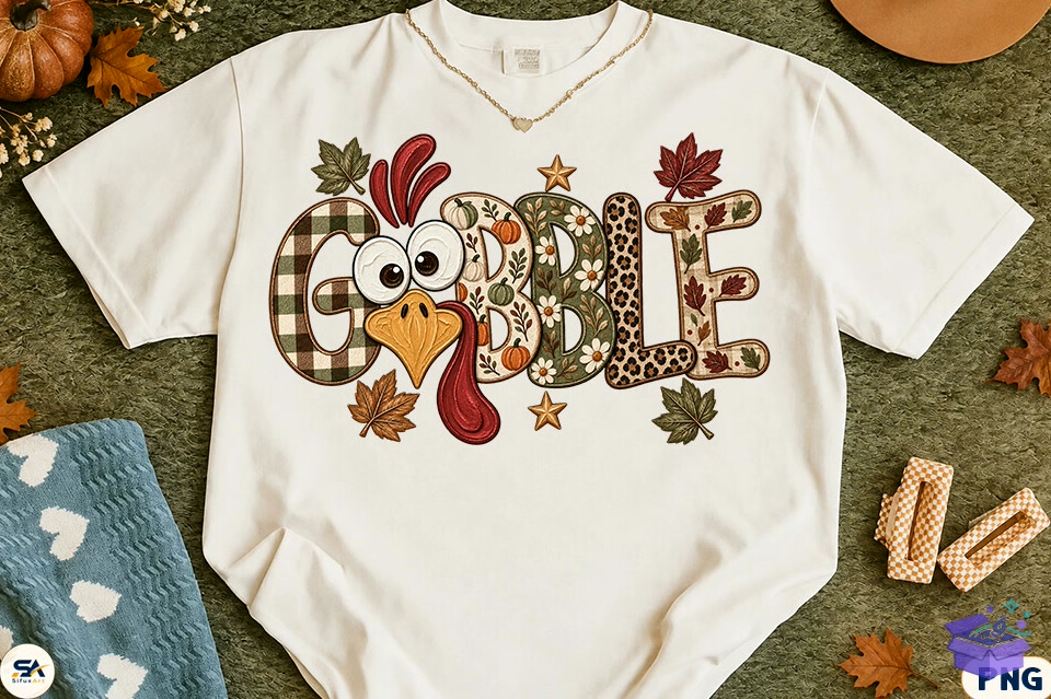 Preppy Gobble Turkey Thanksgiving PNG - DTF & Süblimasyon Baskı Tasarımı (SVG, DXF, EPS, PNG) - detaylı önizleme 3