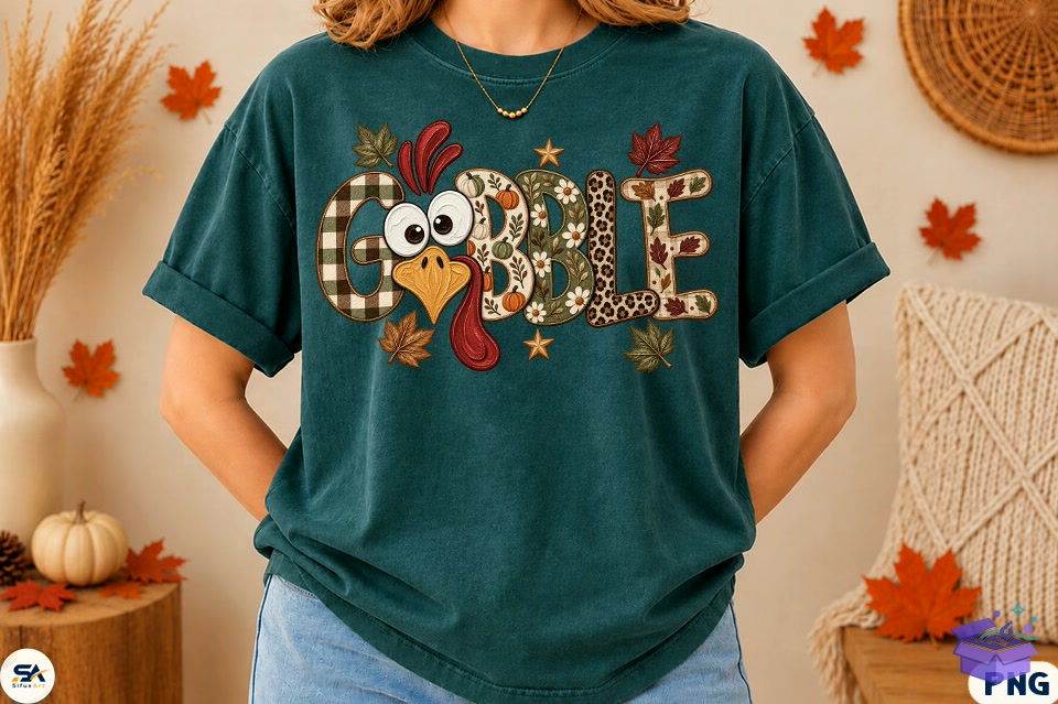 Preppy Gobble Turkey Thanksgiving PNG - DTF & Süblimasyon Baskı Tasarımı (SVG, DXF, EPS, PNG) - detaylı önizleme 4