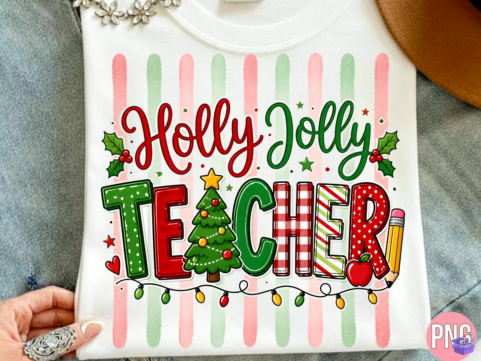 Holly Jolly Teacher Yılbaşı Shirt PNG - DTF & Süblimasyon Baskı Tasarımı (SVG, DXF, EPS, PNG) - detaylı önizleme 2