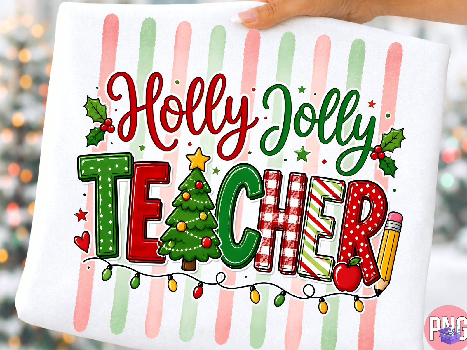 Holly Jolly Teacher Yılbaşı Shirt PNG - DTF & Süblimasyon Baskı Tasarımı (SVG, DXF, EPS, PNG) - detaylı önizleme 3