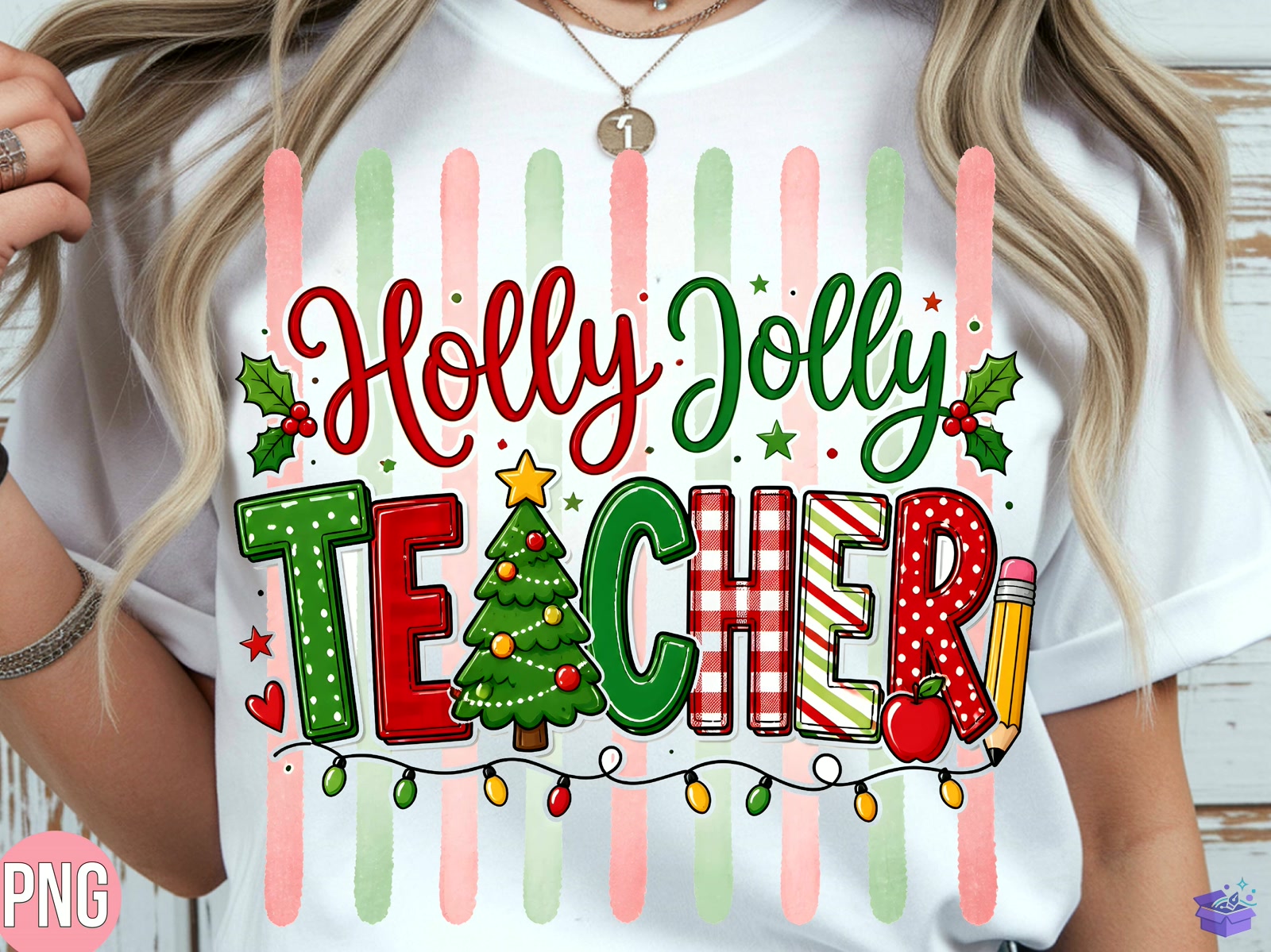 Holly Jolly Teacher Yılbaşı Shirt PNG - DTF & Süblimasyon Baskı Tasarımı (SVG, DXF, EPS, PNG) - detaylı önizleme 4