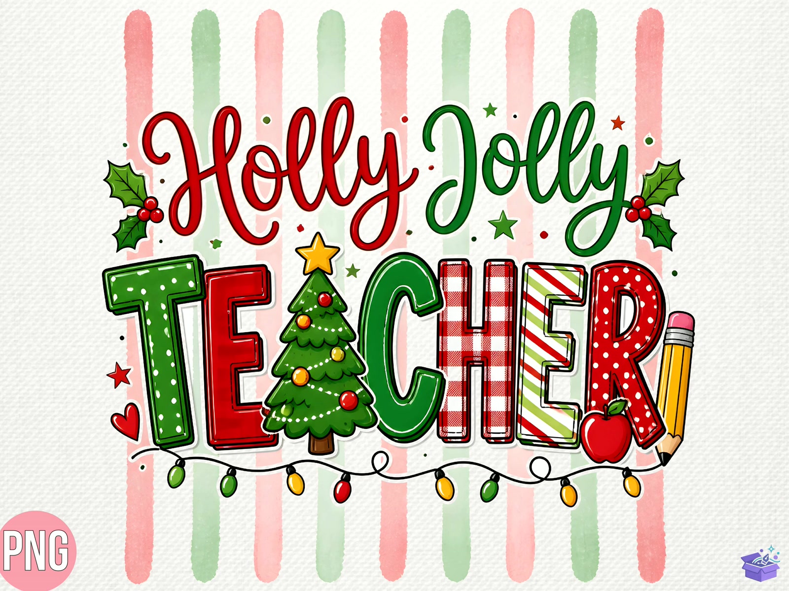 Holly Jolly Teacher Yılbaşı Shirt PNG - DTF & Süblimasyon Baskı Tasarımı (SVG, DXF, EPS, PNG) - detaylı önizleme 5