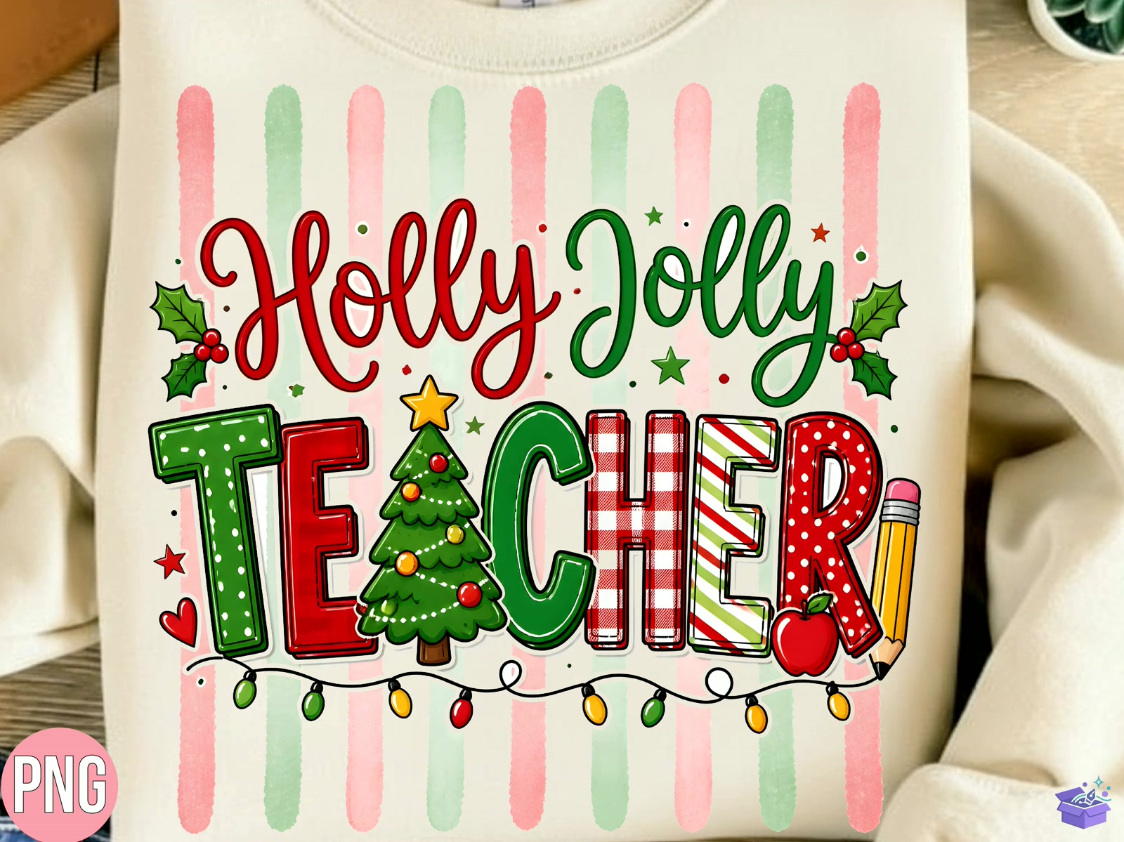 Holly Jolly Teacher Yılbaşı Shirt PNG - DTF & Süblimasyon Baskı Tasarımı (SVG, DXF, EPS, PNG) - detaylı önizleme 6