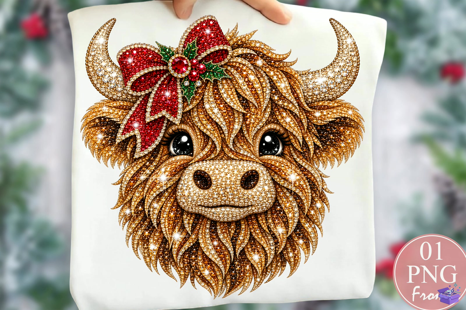 Rhinestone Yılbaşı Highland Cow PNG - DTF & Süblimasyon Baskı Tasarımı (SVG, DXF, EPS, PNG) - DTF Baskı Tasarımları İndir (DXF, SVG, EPS)
