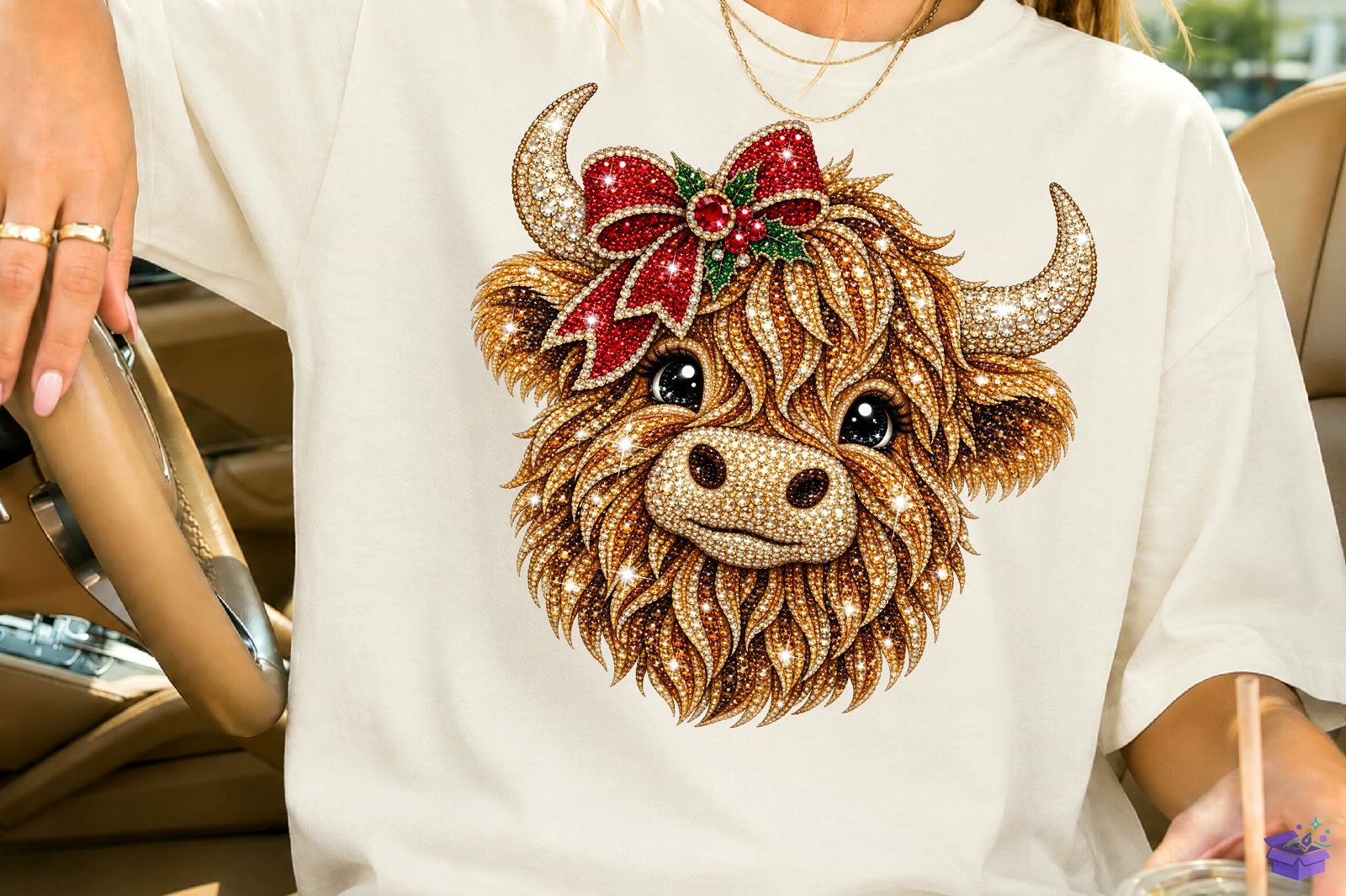 Rhinestone Yılbaşı Highland Cow PNG - DTF & Süblimasyon Baskı Tasarımı (SVG, DXF, EPS, PNG) - detaylı önizleme 2