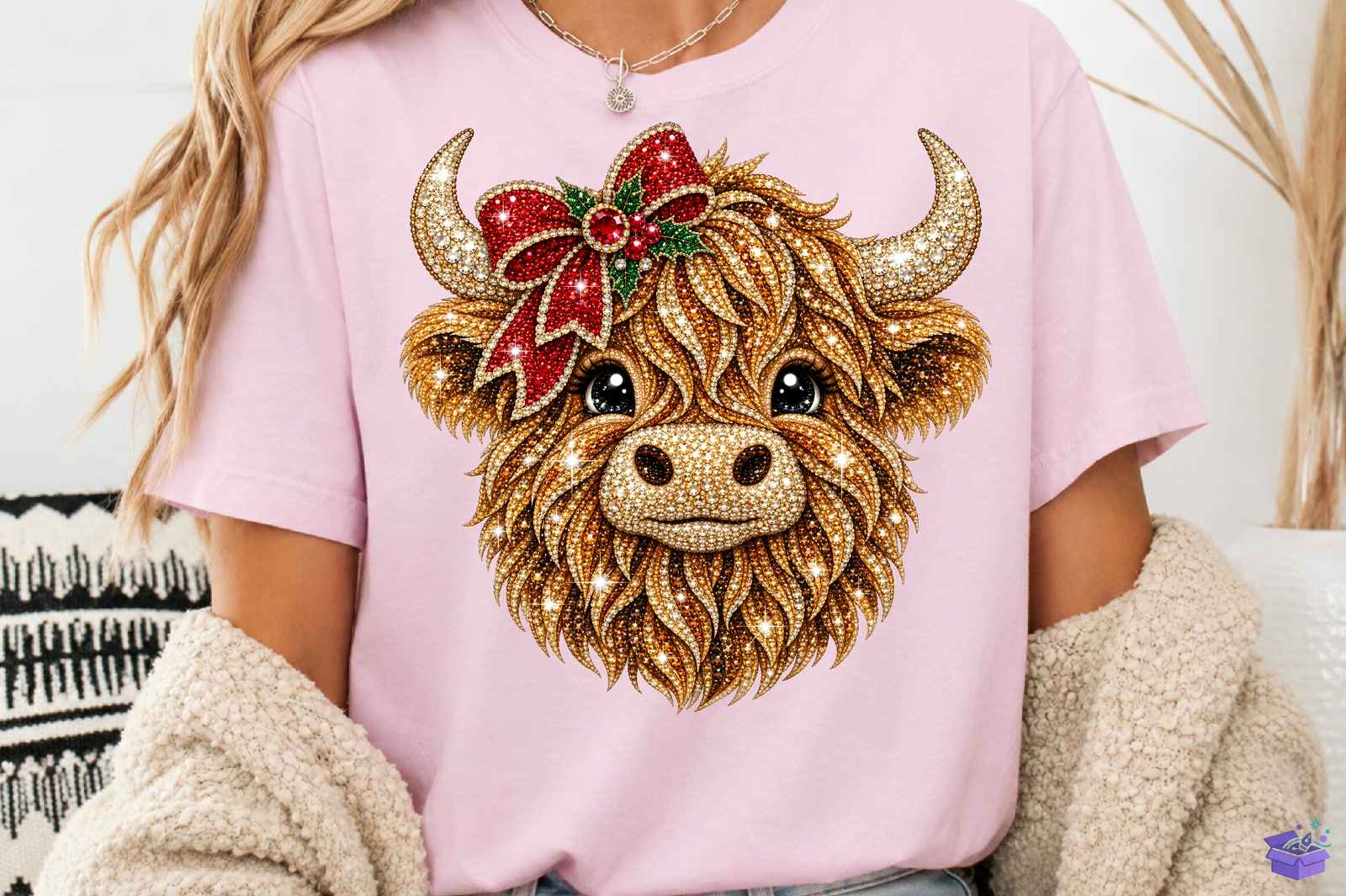 Rhinestone Yılbaşı Highland Cow PNG - DTF & Süblimasyon Baskı Tasarımı (SVG, DXF, EPS, PNG) - detaylı önizleme 3