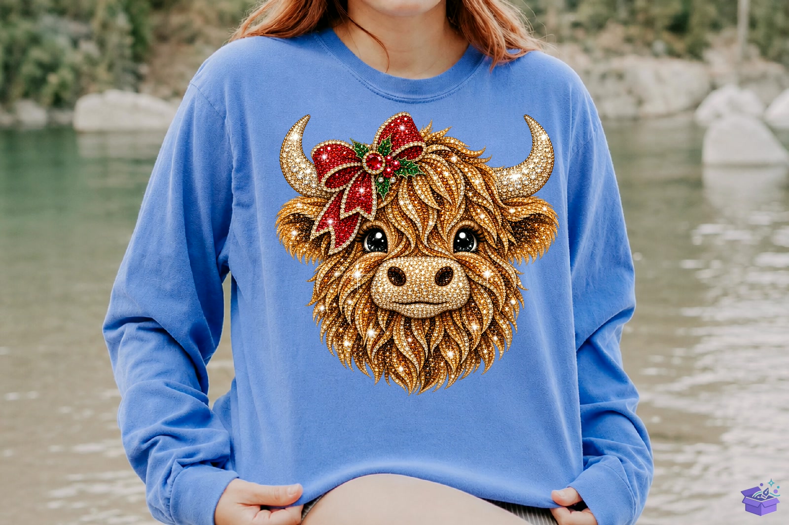 Rhinestone Yılbaşı Highland Cow PNG - DTF & Süblimasyon Baskı Tasarımı (SVG, DXF, EPS, PNG) - detaylı önizleme 4