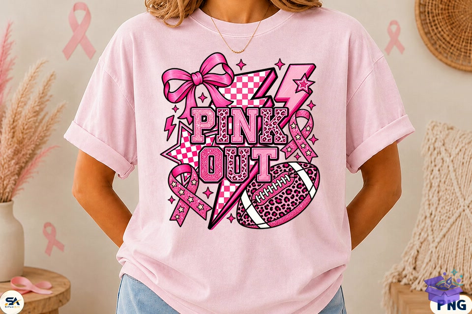Preppy Pink Out Football Breast Cancer - DTF & Süblimasyon Baskı Tasarımı (SVG, DXF, EPS, PNG) - detaylı önizleme 2