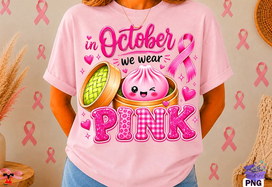 Cute Kawaii Breast Cancer Awareness Tee - DTF & Süblimasyon Baskı Tasarımı (SVG, DXF, EPS, PNG) - detaylı önizleme 2