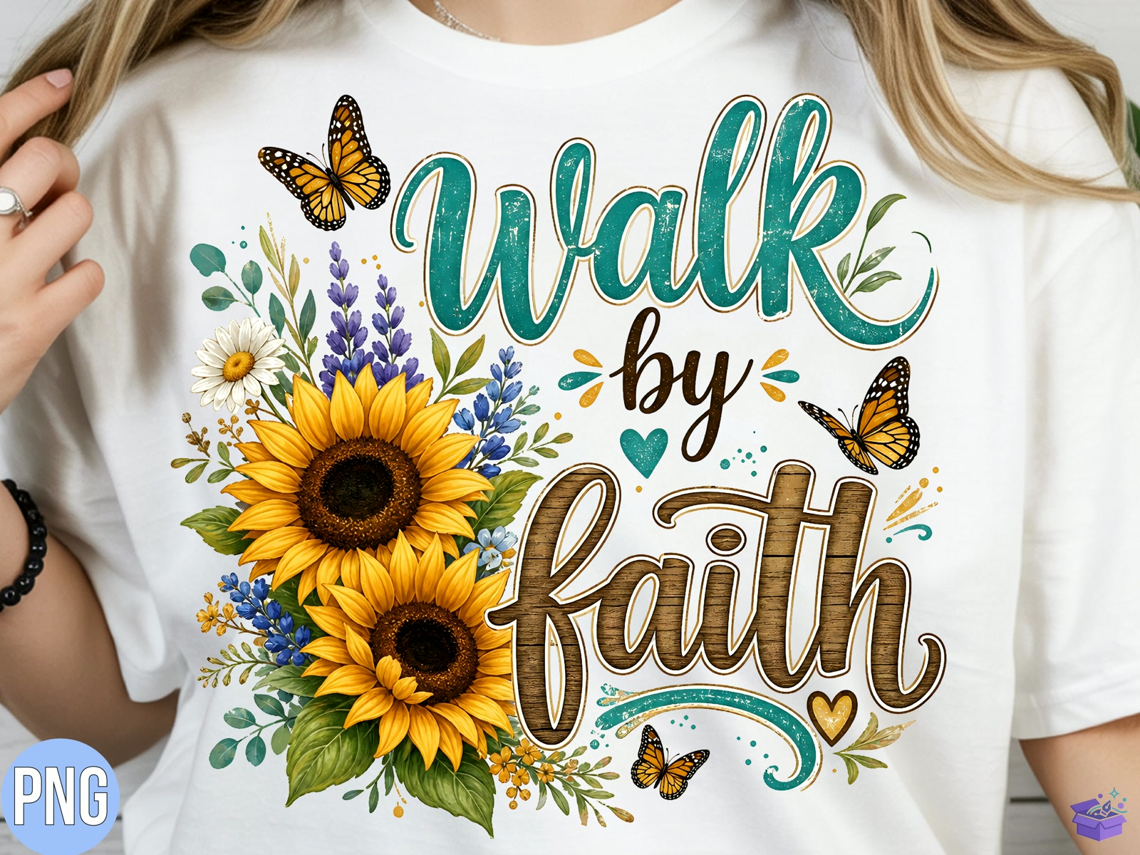 Walk By Faith Sunflower Christian Tshirt - DTF & Süblimasyon Baskı Tasarımı (SVG, DXF, EPS, PNG) - detaylı önizleme 2