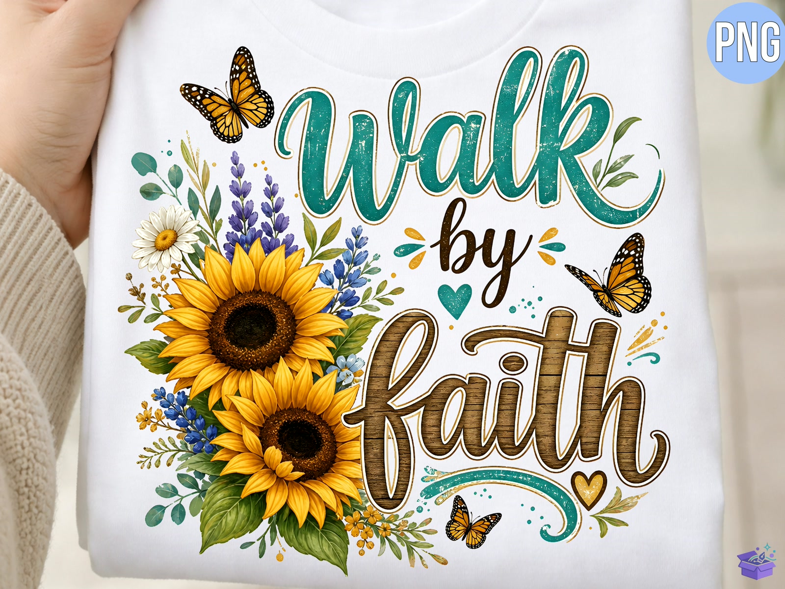 Walk By Faith Sunflower Christian Tshirt - DTF & Süblimasyon Baskı Tasarımı (SVG, DXF, EPS, PNG) - detaylı önizleme 3