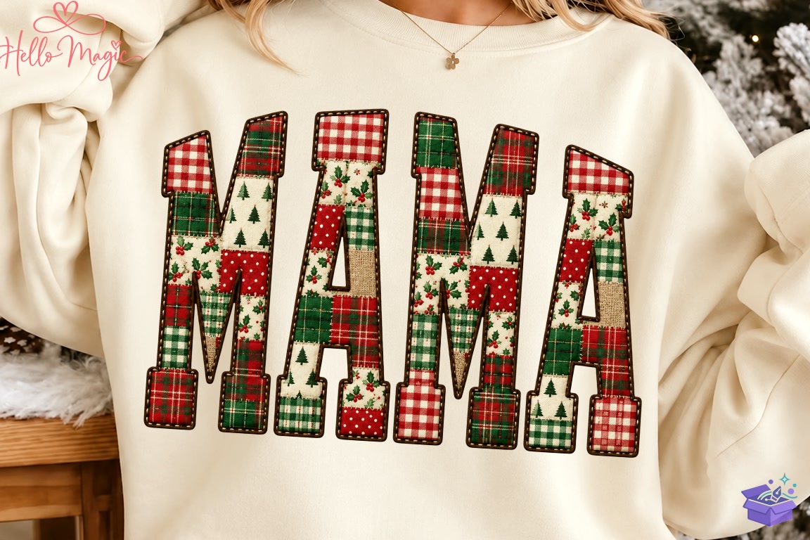 Yılbaşı Gingham Patchwork Mama PNG - Makine Nakış Deseni (SVG, DXF, EPS, PNG) - DTF Baskı Tasarımları İndir (DXF, SVG, AI)