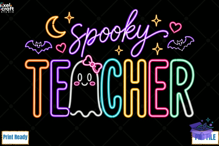 Cute Neon Cadılar Bayramı Spooky Teacher PNG - DTF & Süblimasyon Baskı Tasarımı (SVG, DXF, EPS, PNG) - DTF Baskı Tasarımları İndir (DXF, SVG, EPS)