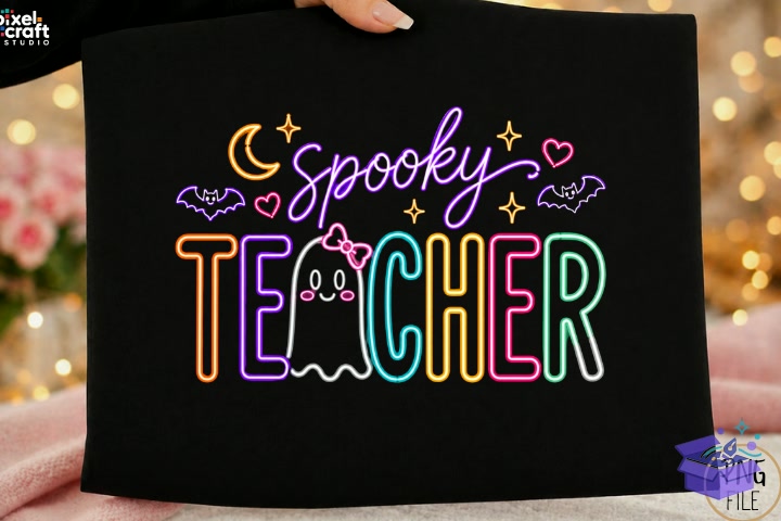 Cute Neon Cadılar Bayramı Spooky Teacher PNG - DTF & Süblimasyon Baskı Tasarımı (SVG, DXF, EPS, PNG) - detaylı önizleme 3