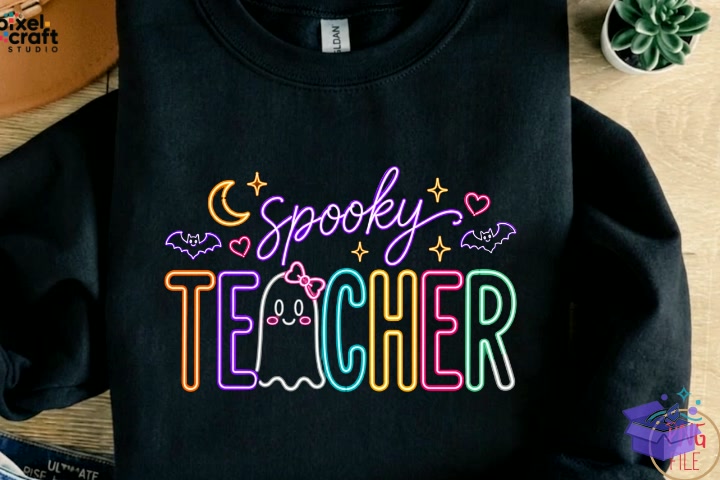 Cute Neon Cadılar Bayramı Spooky Teacher PNG - DTF & Süblimasyon Baskı Tasarımı (SVG, DXF, EPS, PNG) - detaylı önizleme 4