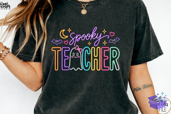 Cute Neon Cadılar Bayramı Spooky Teacher PNG - DTF & Süblimasyon Baskı Tasarımı (SVG, DXF, EPS, PNG) - detaylı önizleme 6