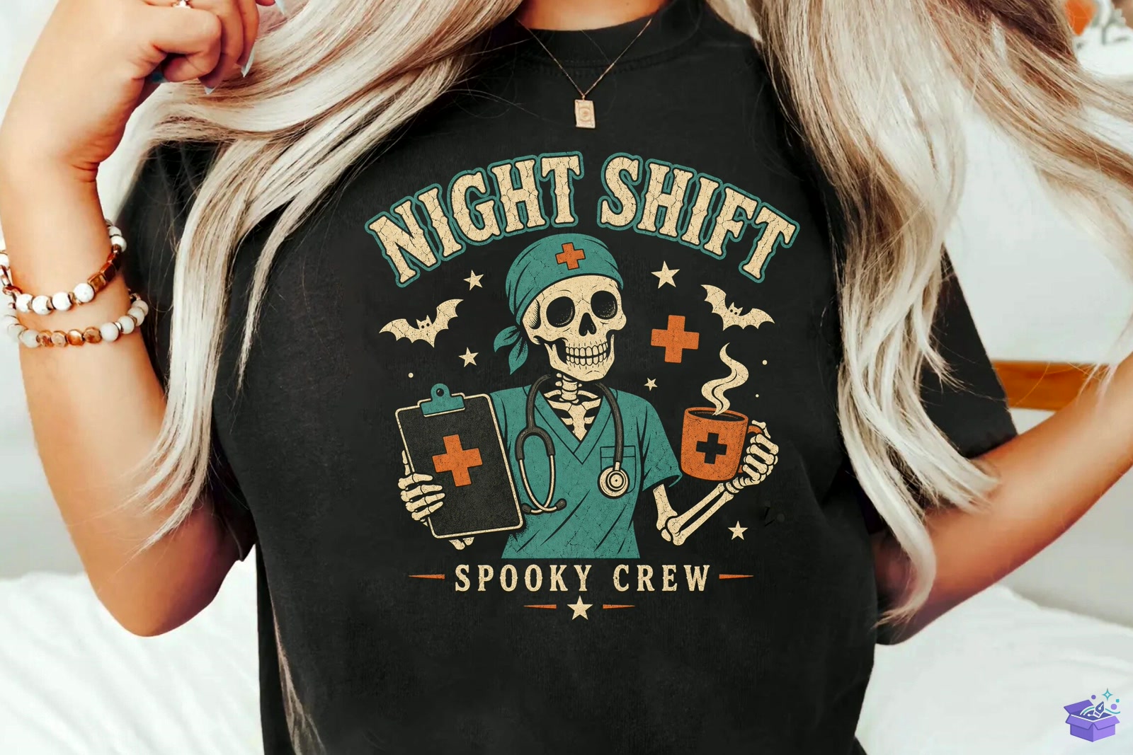 Night Shift Skeleton Nurse Cadılar Bayramı Png - DTF & Süblimasyon Baskı Tasarımı (SVG, DXF, EPS, PNG) - detaylı önizleme 2