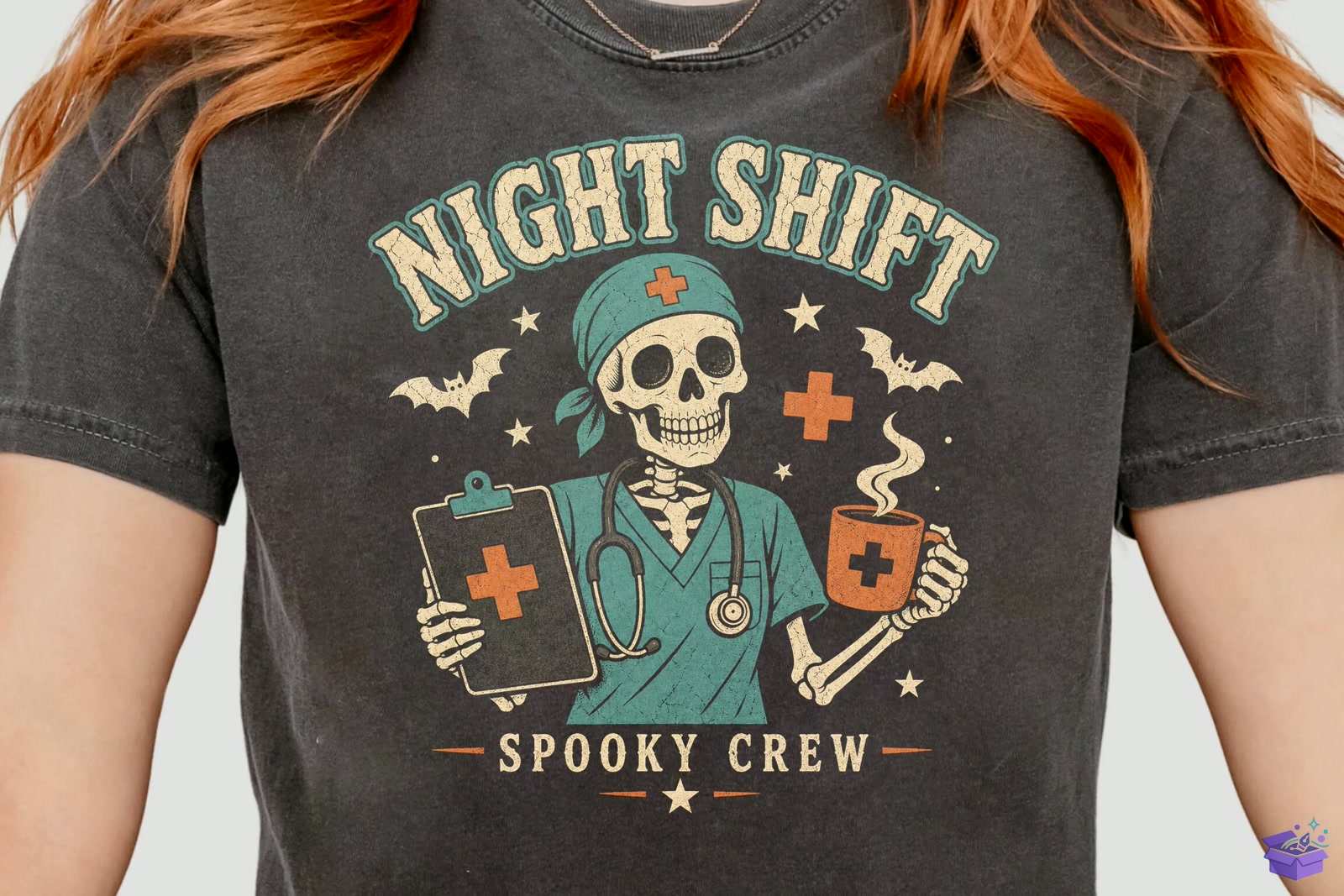 Night Shift Skeleton Nurse Cadılar Bayramı Png - DTF & Süblimasyon Baskı Tasarımı (SVG, DXF, EPS, PNG) - detaylı önizleme 3