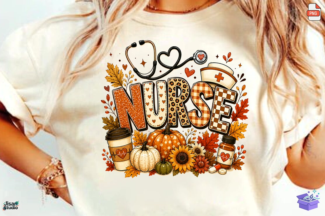 Fall Nurse Pumpkin Bow PNG Thanksgiving - DTF & Süblimasyon Baskı Tasarımı (SVG, DXF, EPS, PNG) - detaylı önizleme 2