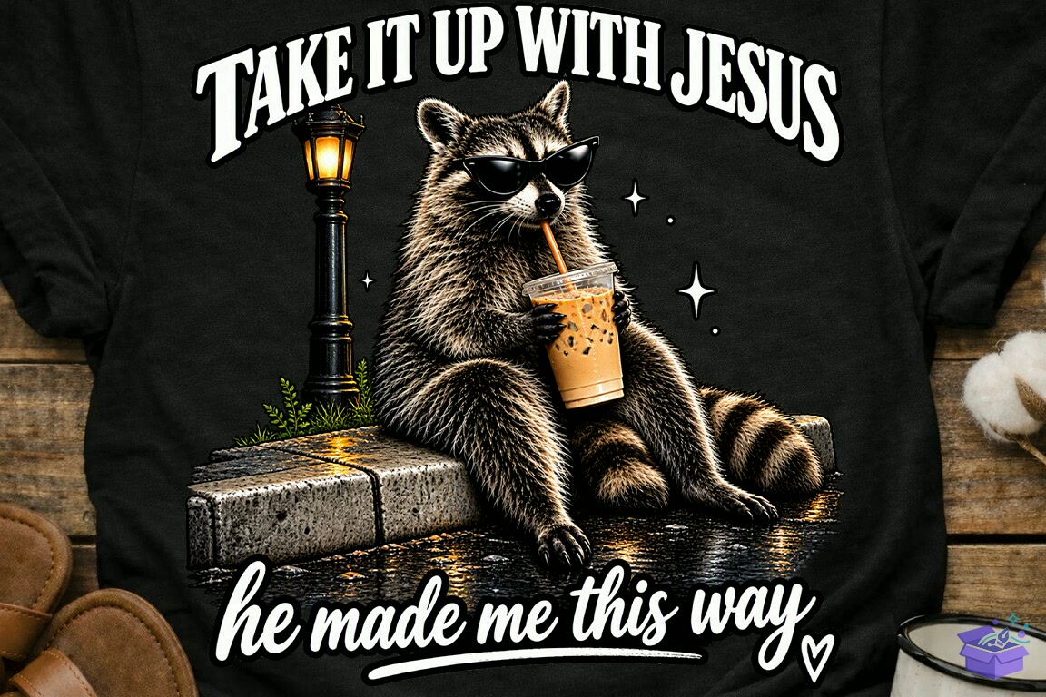 Jesus Raccoon Christian Quote PNG - DTF & Süblimasyon Baskı Tasarımı (SVG, DXF, EPS, PNG) - detaylı önizleme 2