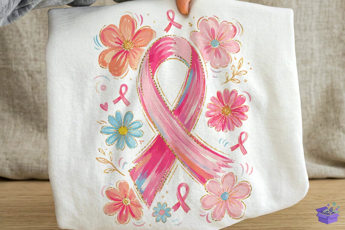 Floral Pink Ribbon Breast Cancer PNG - DTF & Süblimasyon Baskı Tasarımı (SVG, DXF, EPS, PNG) - detaylı önizleme 2