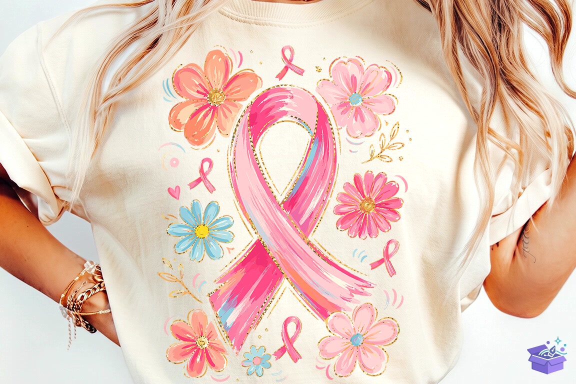 Floral Pink Ribbon Breast Cancer PNG - DTF & Süblimasyon Baskı Tasarımı (SVG, DXF, EPS, PNG) - detaylı önizleme 4