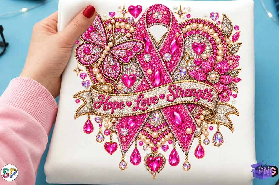 Rhinestone Breast Cancer Ribbon Hope Png - DTF & Süblimasyon Baskı Tasarımı (SVG, DXF, EPS, PNG) - detaylı önizleme 2