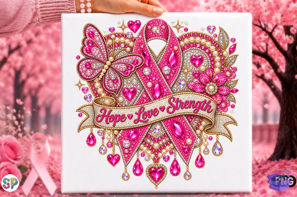 Rhinestone Breast Cancer Ribbon Hope Png - DTF & Süblimasyon Baskı Tasarımı (SVG, DXF, EPS, PNG) - detaylı önizleme 3