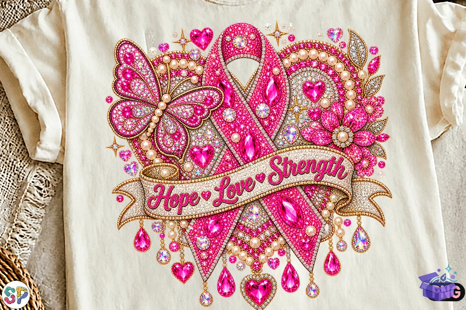 Rhinestone Breast Cancer Ribbon Hope Png - DTF & Süblimasyon Baskı Tasarımı (SVG, DXF, EPS, PNG) - detaylı önizleme 4