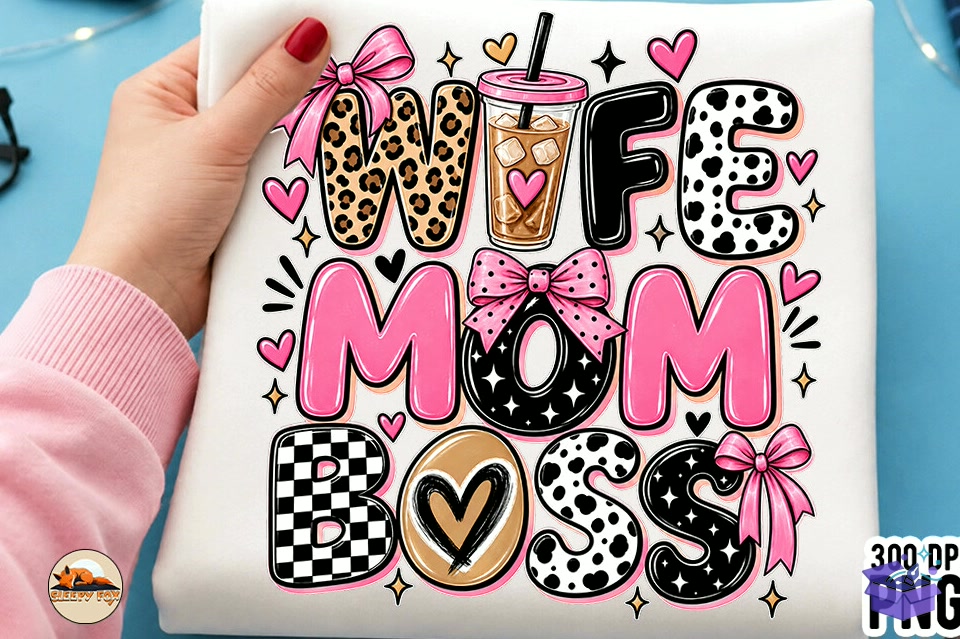 Wife Mom Boss Coffee Mama Bow Shirt Png - DTF & Süblimasyon Baskı Tasarımı (SVG, DXF, EPS, PNG) - detaylı önizleme 2
