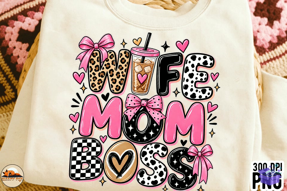 Wife Mom Boss Coffee Mama Bow Shirt Png - DTF & Süblimasyon Baskı Tasarımı (SVG, DXF, EPS, PNG) - detaylı önizleme 5