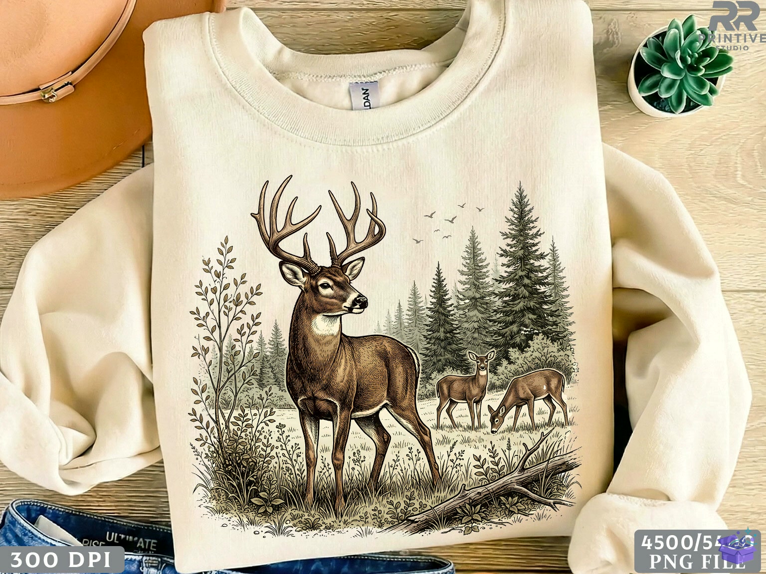 Vintage Geyik Hunting Forest Wildlife PNG - DTF & Süblimasyon Baskı Tasarımı (SVG, DXF, EPS, PNG) - detaylı önizleme 2