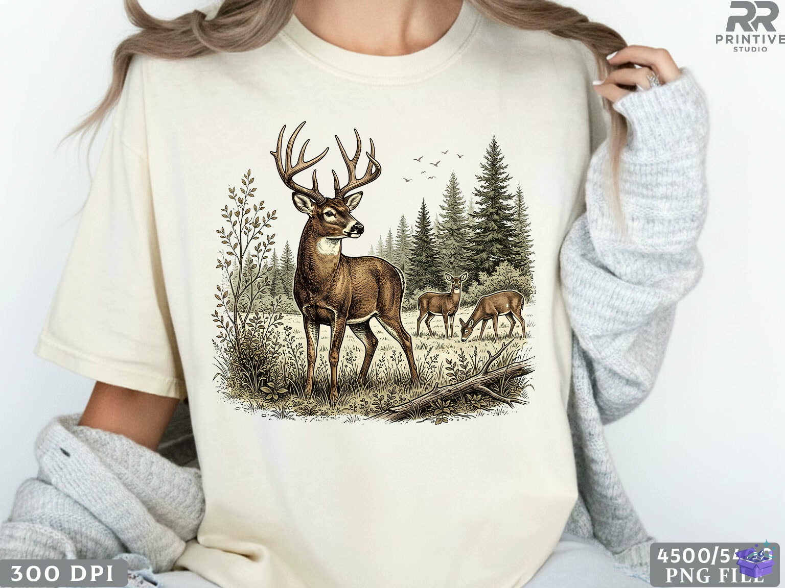 Vintage Geyik Hunting Forest Wildlife PNG - DTF & Süblimasyon Baskı Tasarımı (SVG, DXF, EPS, PNG) - detaylı önizleme 4
