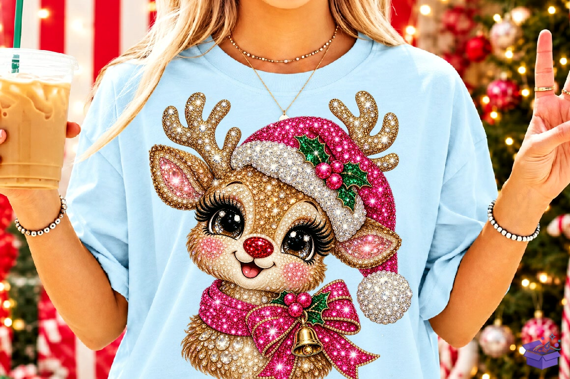 Pink Rhinestone Yılbaşı Ren Geyiği PNG - DTF & Süblimasyon Baskı Tasarımı (SVG, DXF, EPS, PNG) - detaylı önizleme 2