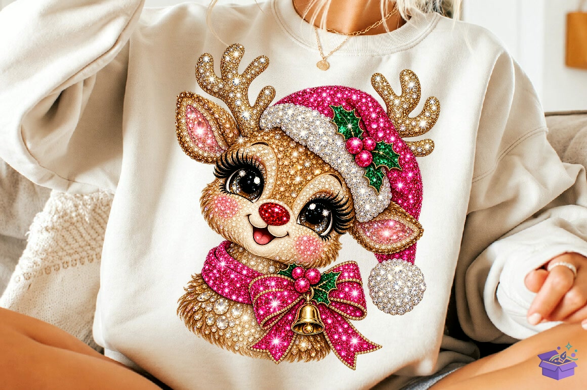 Pink Rhinestone Yılbaşı Ren Geyiği PNG - DTF & Süblimasyon Baskı Tasarımı (SVG, DXF, EPS, PNG) - detaylı önizleme 3