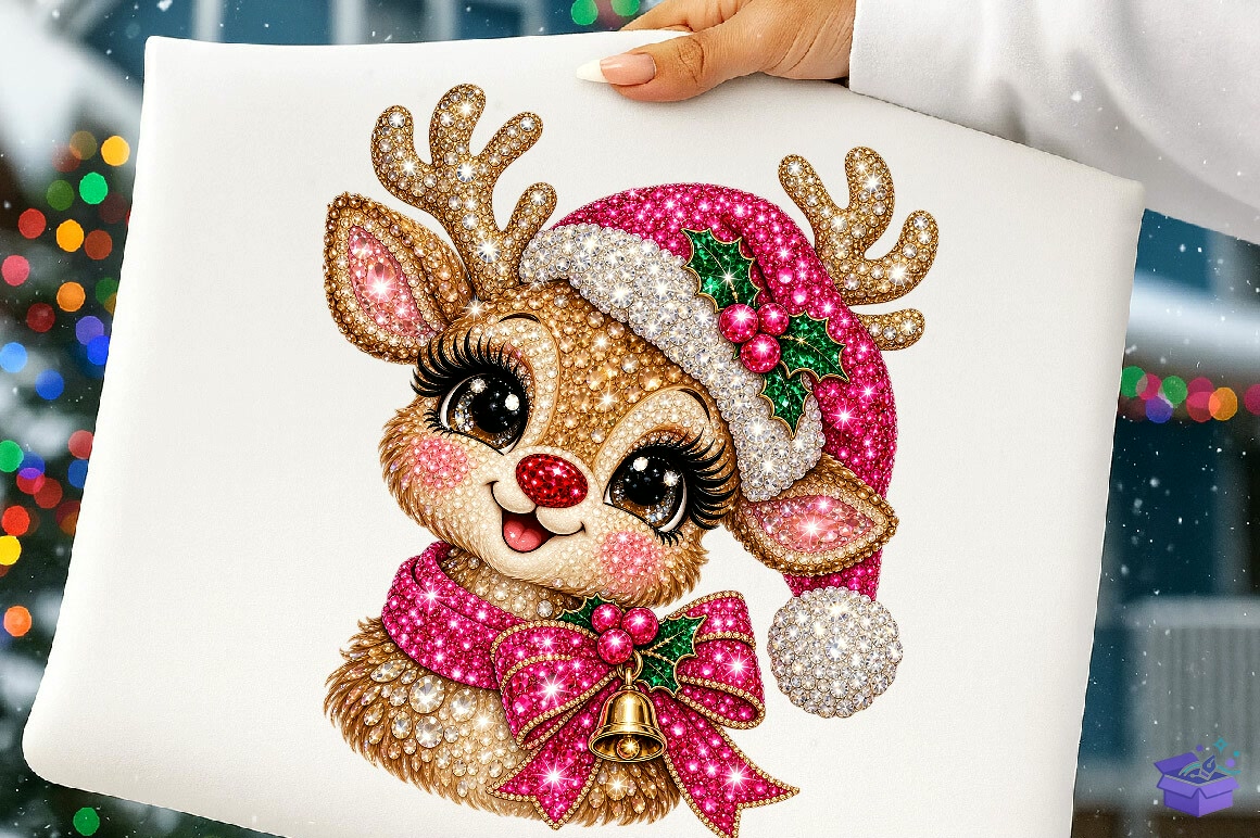 Pink Rhinestone Yılbaşı Ren Geyiği PNG - DTF & Süblimasyon Baskı Tasarımı (SVG, DXF, EPS, PNG) - detaylı önizleme 4