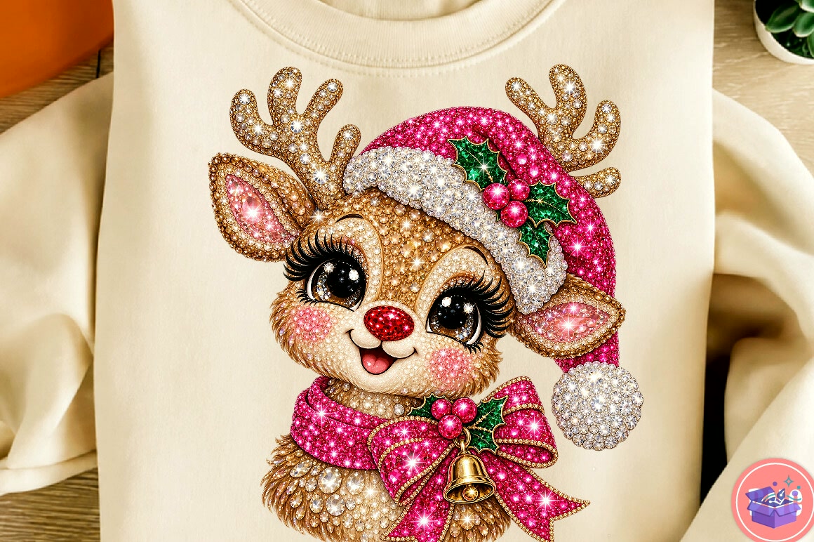 Pink Rhinestone Yılbaşı Ren Geyiği PNG - DTF & Süblimasyon Baskı Tasarımı (SVG, DXF, EPS, PNG) - detaylı önizleme 5