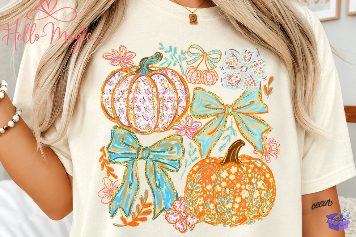 Coquette Floral Pumpkin Bow Fall PNG - DTF & Süblimasyon Baskı Tasarımı (SVG, DXF, EPS, PNG) - detaylı önizleme 2