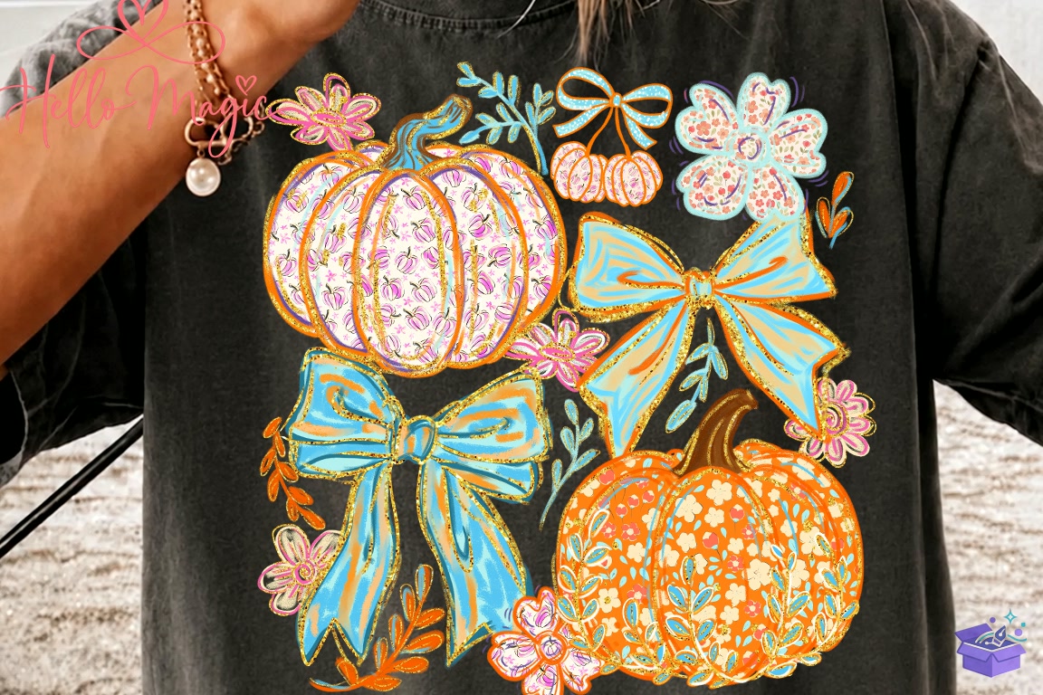 Coquette Floral Pumpkin Bow Fall PNG - DTF & Süblimasyon Baskı Tasarımı (SVG, DXF, EPS, PNG) - detaylı önizleme 6