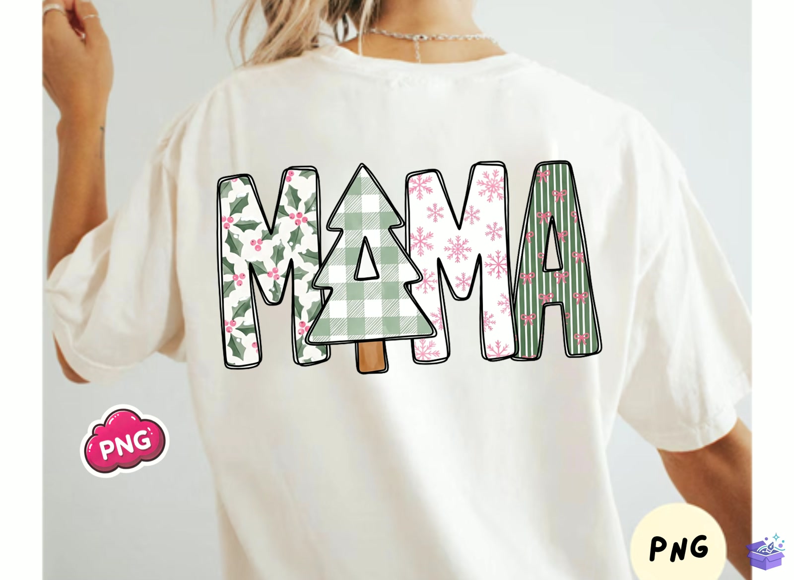 Preppy Yılbaşı Mama Holly Snowflake - DTF & Süblimasyon Baskı Tasarımı (SVG, DXF, EPS, PNG) - detaylı önizleme 2