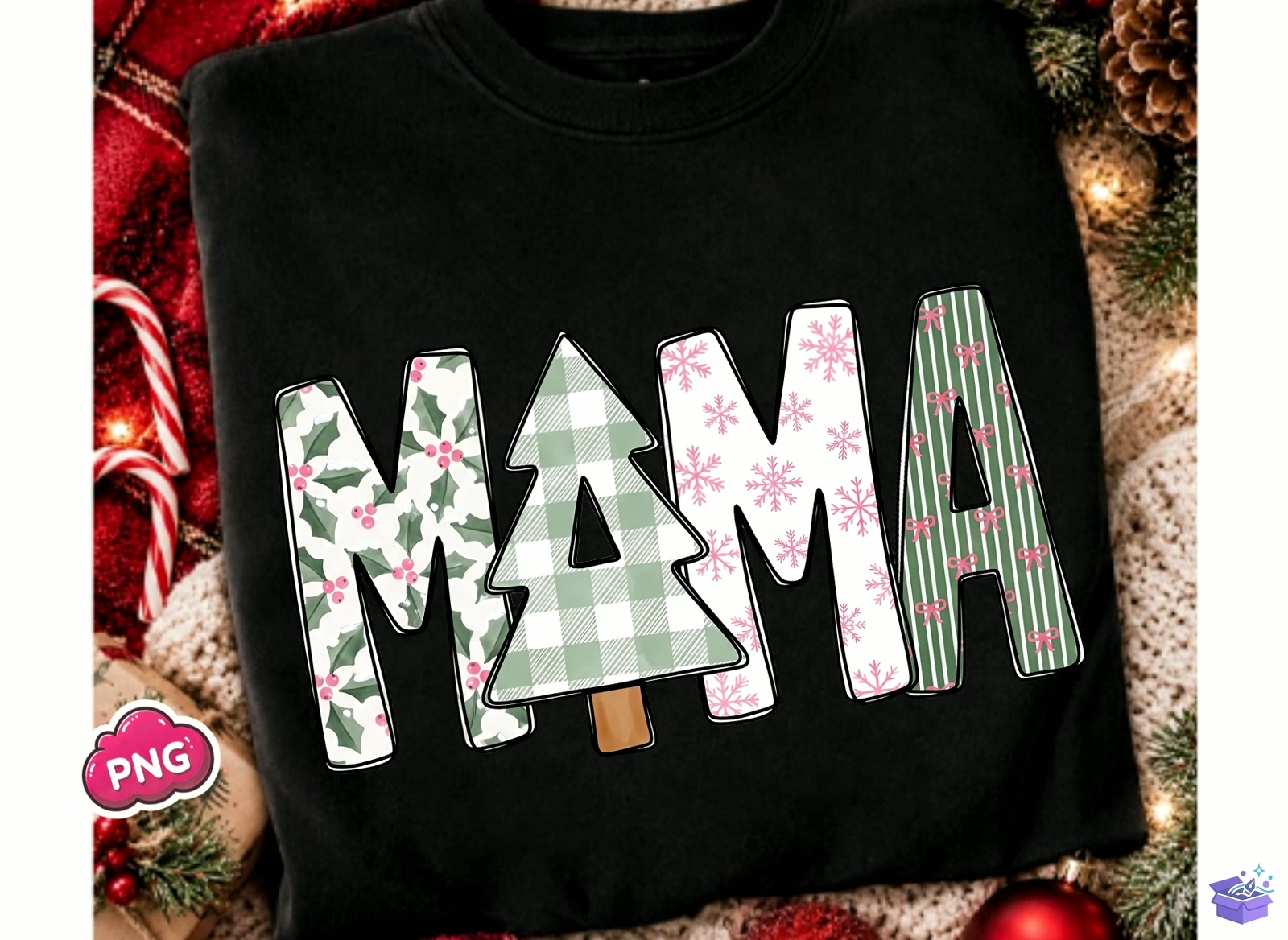 Preppy Yılbaşı Mama Holly Snowflake - DTF & Süblimasyon Baskı Tasarımı (SVG, DXF, EPS, PNG) - detaylı önizleme 3