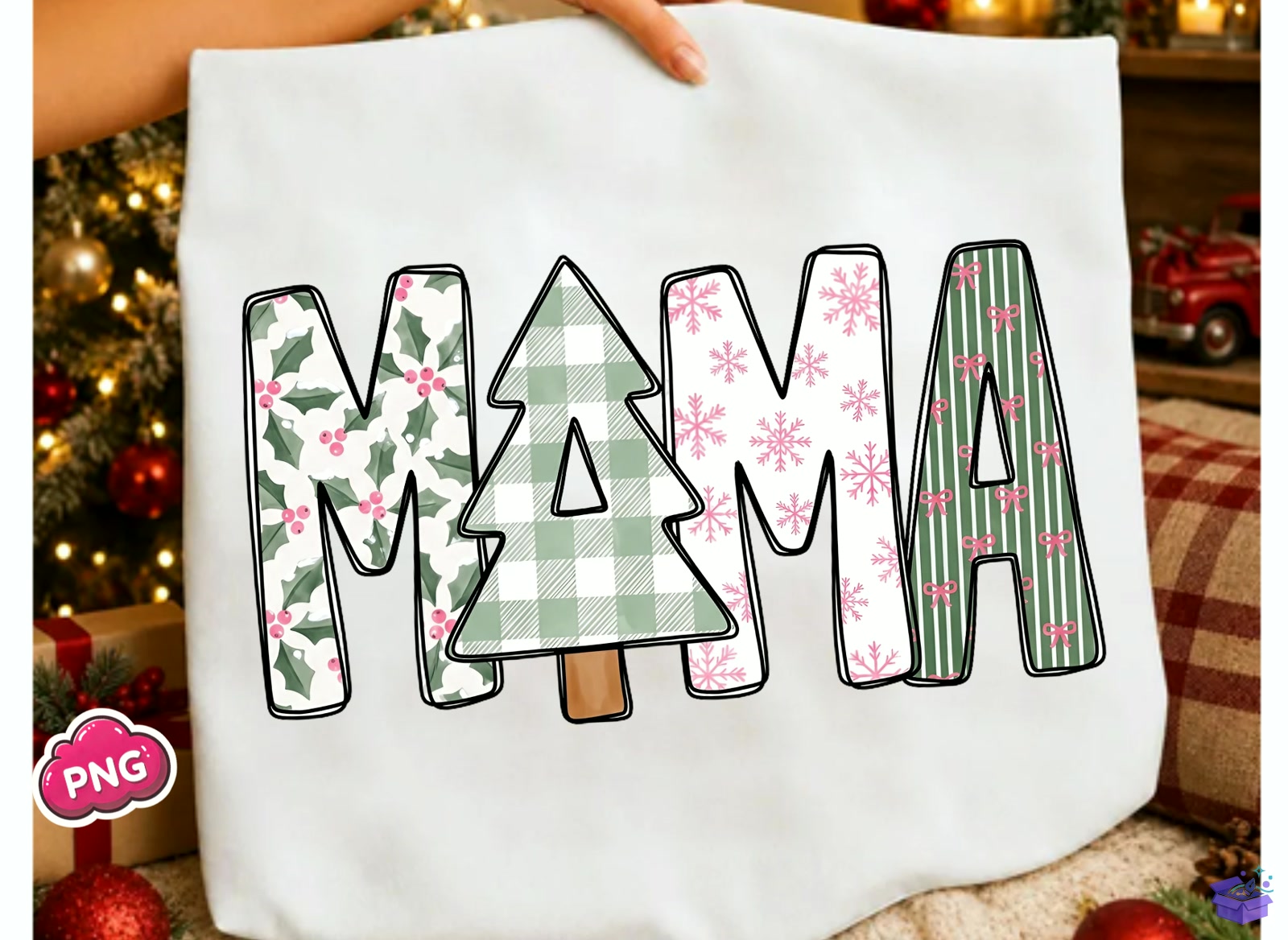 Preppy Yılbaşı Mama Holly Snowflake - DTF & Süblimasyon Baskı Tasarımı (SVG, DXF, EPS, PNG) - detaylı önizleme 5